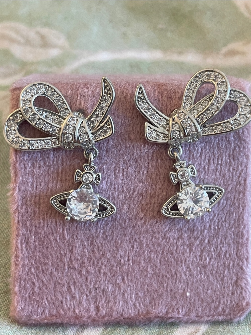 VIVIENNE Westwood Silver Bow Drop Earrings with Clear Crystal Orb Dangles